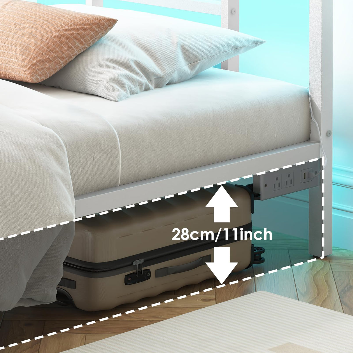 Fixwal Twin Bed Frame with Charging Station, Metal Bed Frame with Port and Outlet, White Fixwal