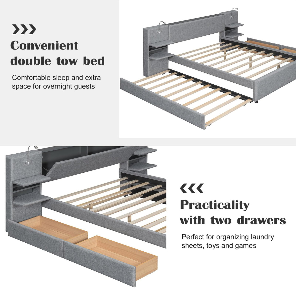 Luxury Queen Bed Frame,Queen Size Trundle Bed Frame with 2 Storage Drawers,Reading Lights, Storage Headboard,Storages Rack,Queen Size Linen Upholstered Platform Bed for Bedroom (Gray, Queen) Firscook