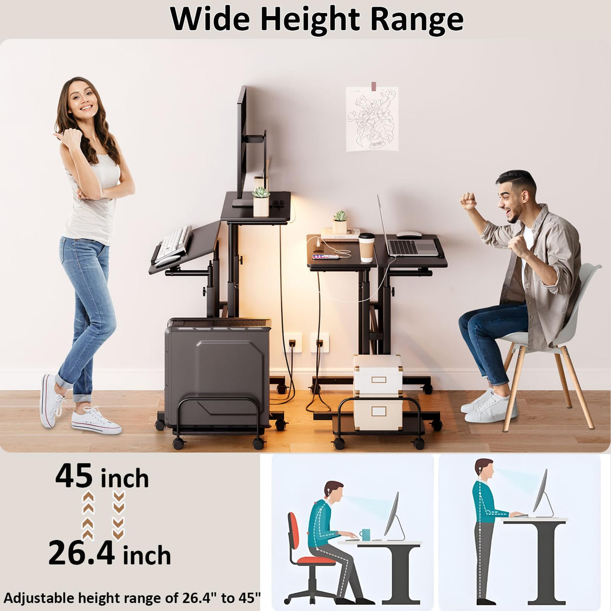 Dripex Mobile Standing Desk with Power Outlets & Strip Lights, Rolling Small Desk, Adjustable Height Laptop Table with Wheels, Portable Sit-Stand Workstation for Home Office Dripex