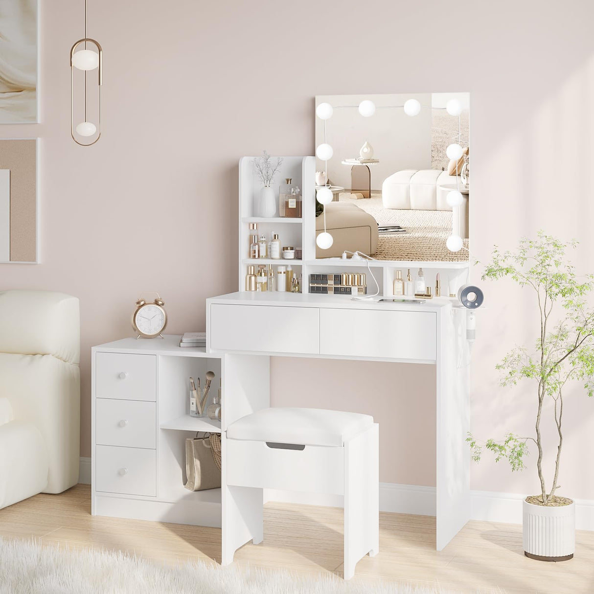 Fameill Makeup Vanity Mirror with Lights, Vanity with stools and Charging Station, LED Lights Makeup Mirror Vanity Set with 5 Drawers and Lots Storage Shelves for Women and Girls, White Fameill