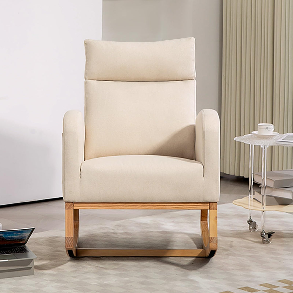 GarveeHome Nursery Glider Chair Rocking Chair, Upholstered Nursery with Rubber Wood Legs, Comfy High Backrest, Side Pockets, Accent Rocker Armchair for Living Room, 27.6" D x 33.9" W x 41.1" H, White GarveeHome