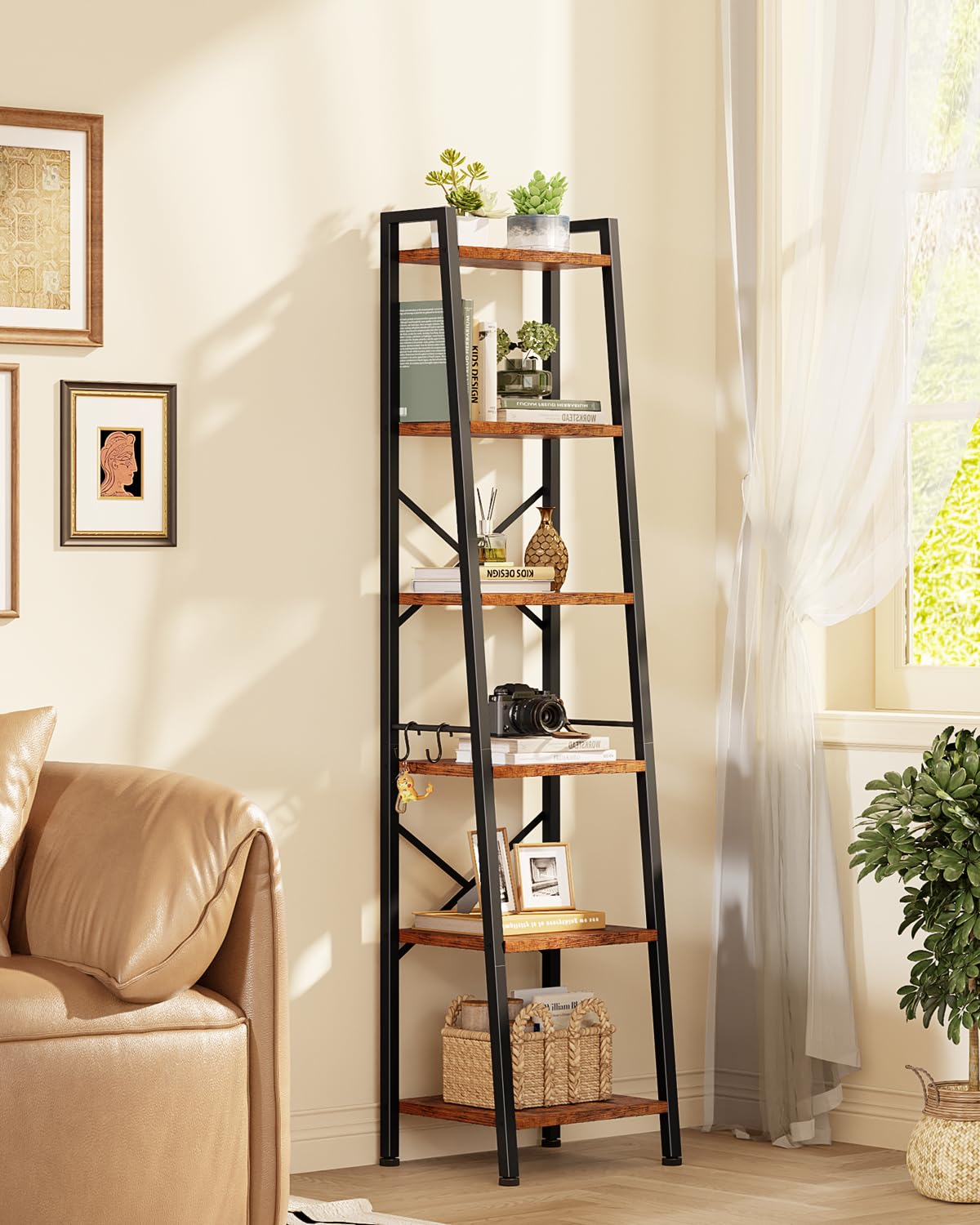 Furologee 6 Tier Ladder Shelf,Tall Bookshelf with 2 Hooks,Industrial Bookcase Standing Shelf Unts,Corner Storage Organizer for Living Room,Bedroom,Home Office,Bathroom,Rustic Brown Furologee