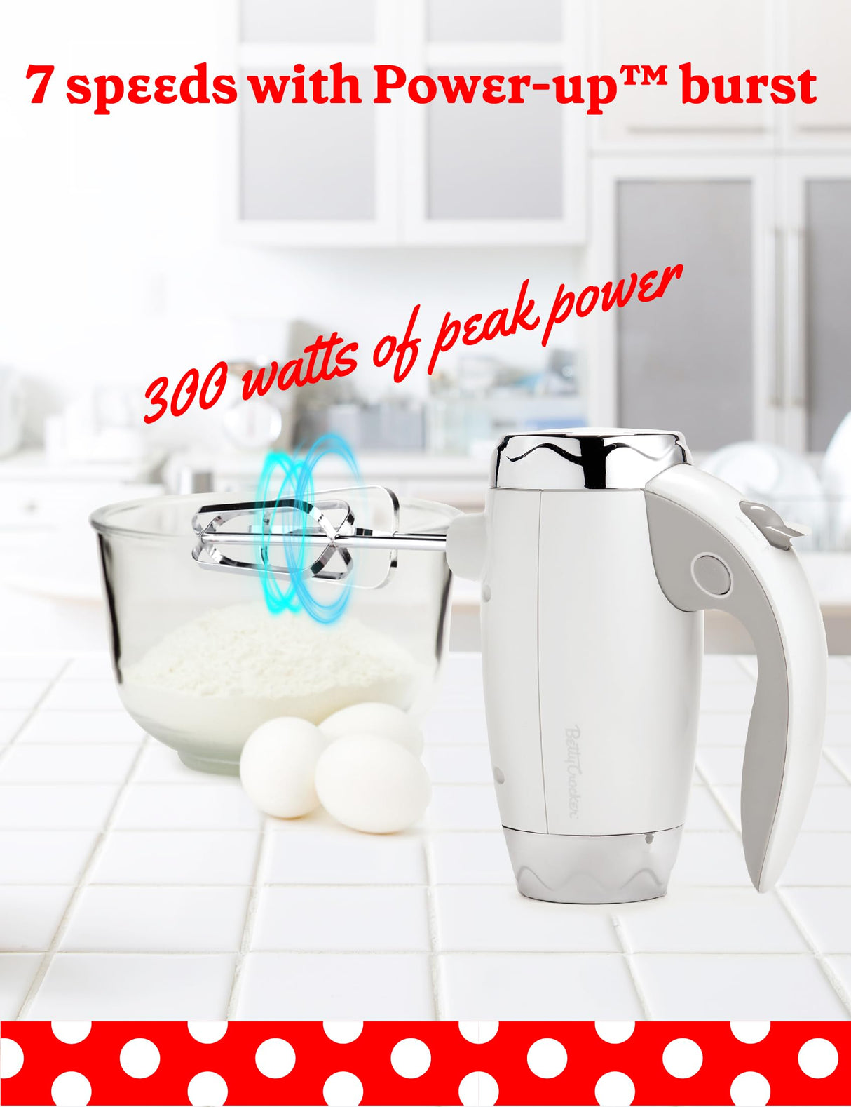 BETTY CROCKER Hand Blender 7 Speed, 250 Watt Electric Mixer with Beaters and Dough Hooks, Ergonomic Electric Hand Mixer for Home & Kitchen with Stand and Soft Touch Handle, White Betty Crocker