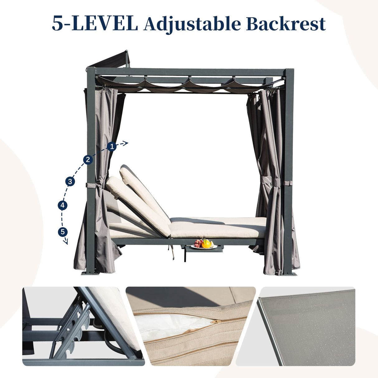 Domi Aluminum Outdoor Patio Daybed with Retractable Canopy Bed, Double Chaise Lounge Outdoor Grey Curtain with Beige Cushion & Cup Holder, for Outside Pool,Garden,Backyard,Lawn domi outdoor living