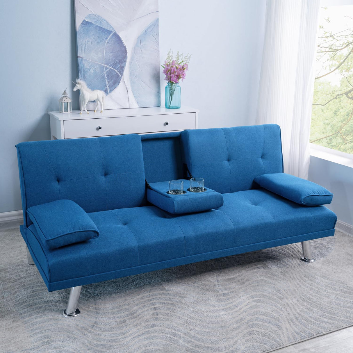 Naomi Home Blue Futon Sofa Bed, Linen Futon Couch with Armrest and 2 Cupholders, Pull Out Sofa Bed Couch with Metal Legs, Reclining Small Couch Bed, Blue Couches for Living Room Naomi Home