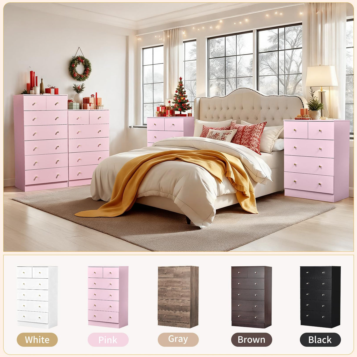 Karl home Pink 6 Drawer Dresser for Bedroom, Tall Dresser Chest of Drawers, Rustic Wood Bedroom Dressers Clothes Organizer, Anti-Tipping Device, Rose Gold Metal Handle, Living Room, Entryway, Office Karl home