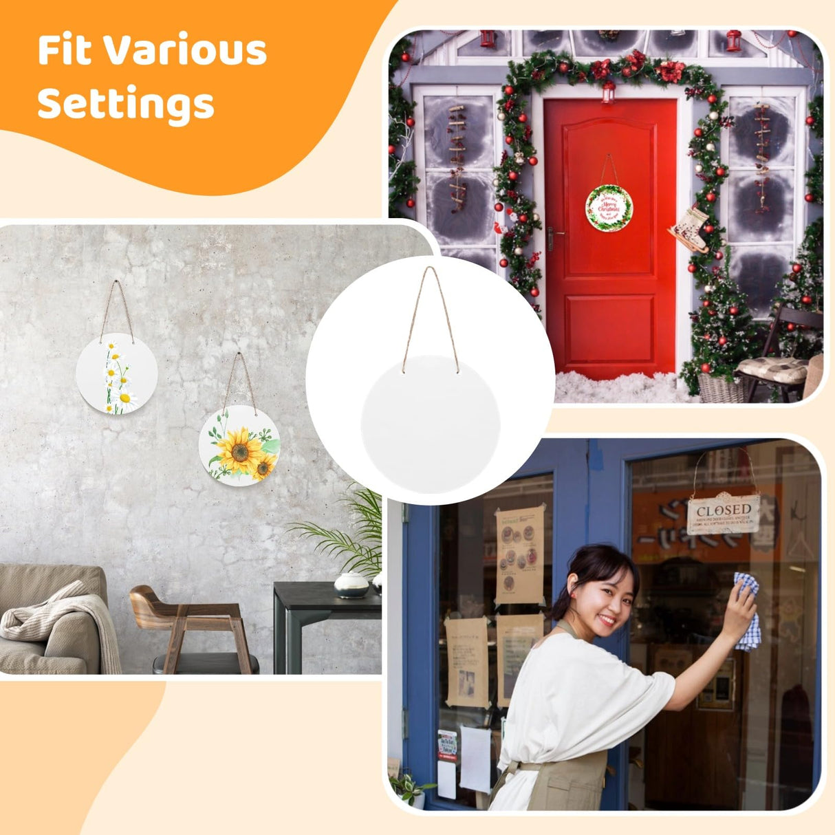 10 Pcs Sublimation Door Hanger Blanks - 12" Round Circle Unfinished Blank Sign Door Hanger Wall Hanging MDF Wood Sublimation Ornament Blanks Decorative Door Hanger with Rope for Heat Press Machine Tideme