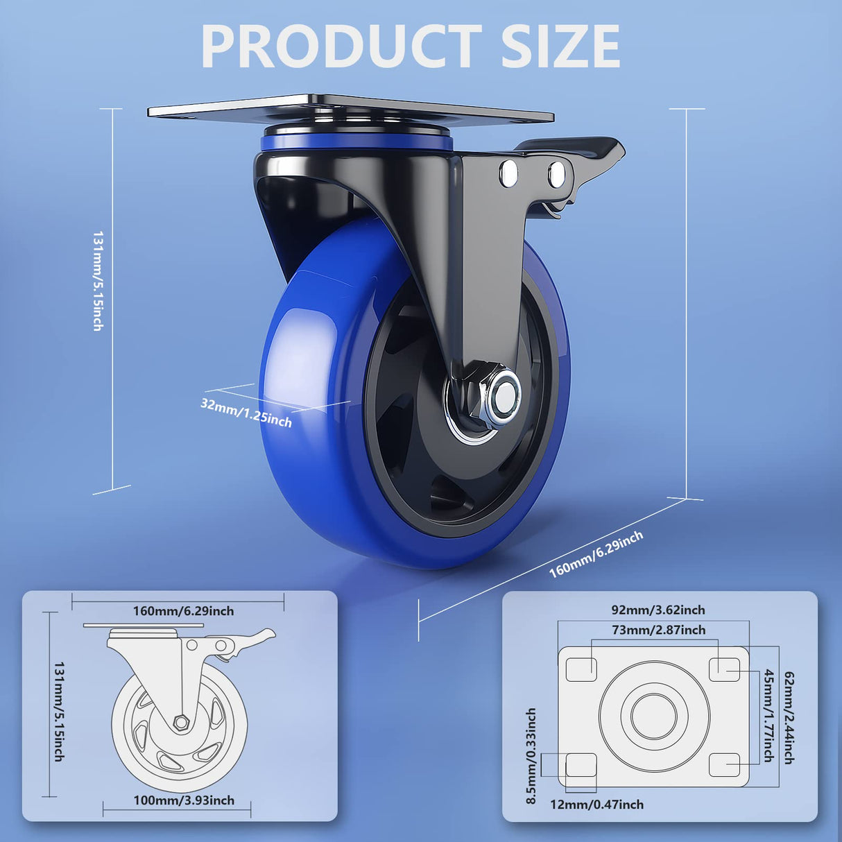 4 Inch Caster Wheels with Brake, Heavy Duty Casters Set of 4, Swivel Top Plate Casters with Double Ball Bearings, Industrial Locking Castor Wheels For Furniture, Workbench, Cabinet(Free Hardware Kits) WOZESEIK