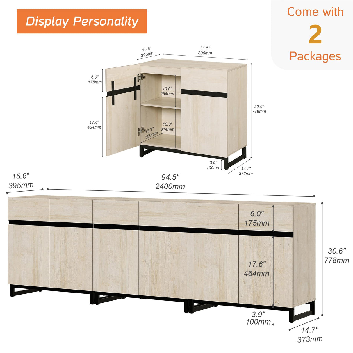 WAMPAT Modern TV Stand for TVs Up to 110 Inch, 3 in 1 Wood Entertainment Center Console Table With Adjustable Shelves and Metal Base for Living Room, Bedroom, Light Oak WAMPAT