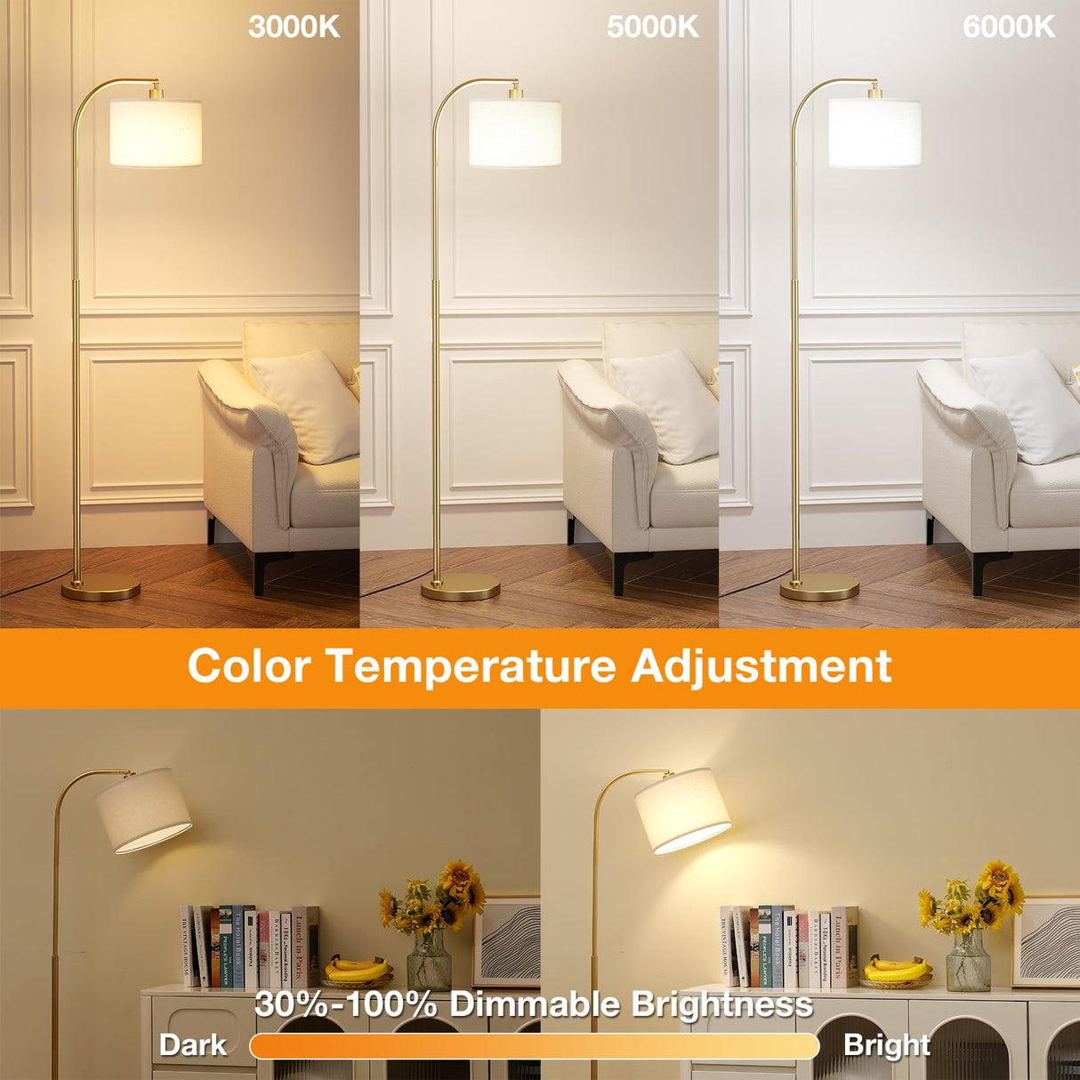 Ambimall Gold Arc Floor Lamp with Remote - Dimmable Bulb, Colors Temperature Adjustable, Easy Assembly, Modern Standing Lamp for Living Room Bedroom Office Reading Room Nursery (Beige Linen Shade) Ambimall