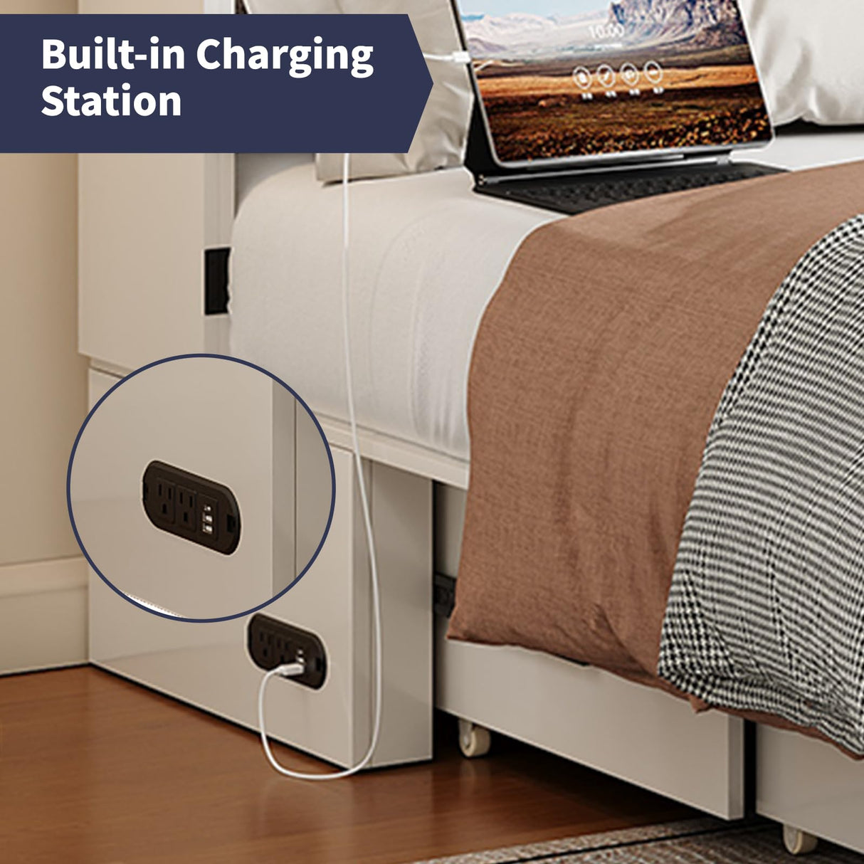 ZAFLY Murphy Bed Full Size, Cabinet Bed with Tri-Folding Mattress & USB Charging Station & Storage Drawers, Modern Multifunctional Cabinet Murphy Beds, Saving Spaces Hidden Guest Beds - White ZAFLY