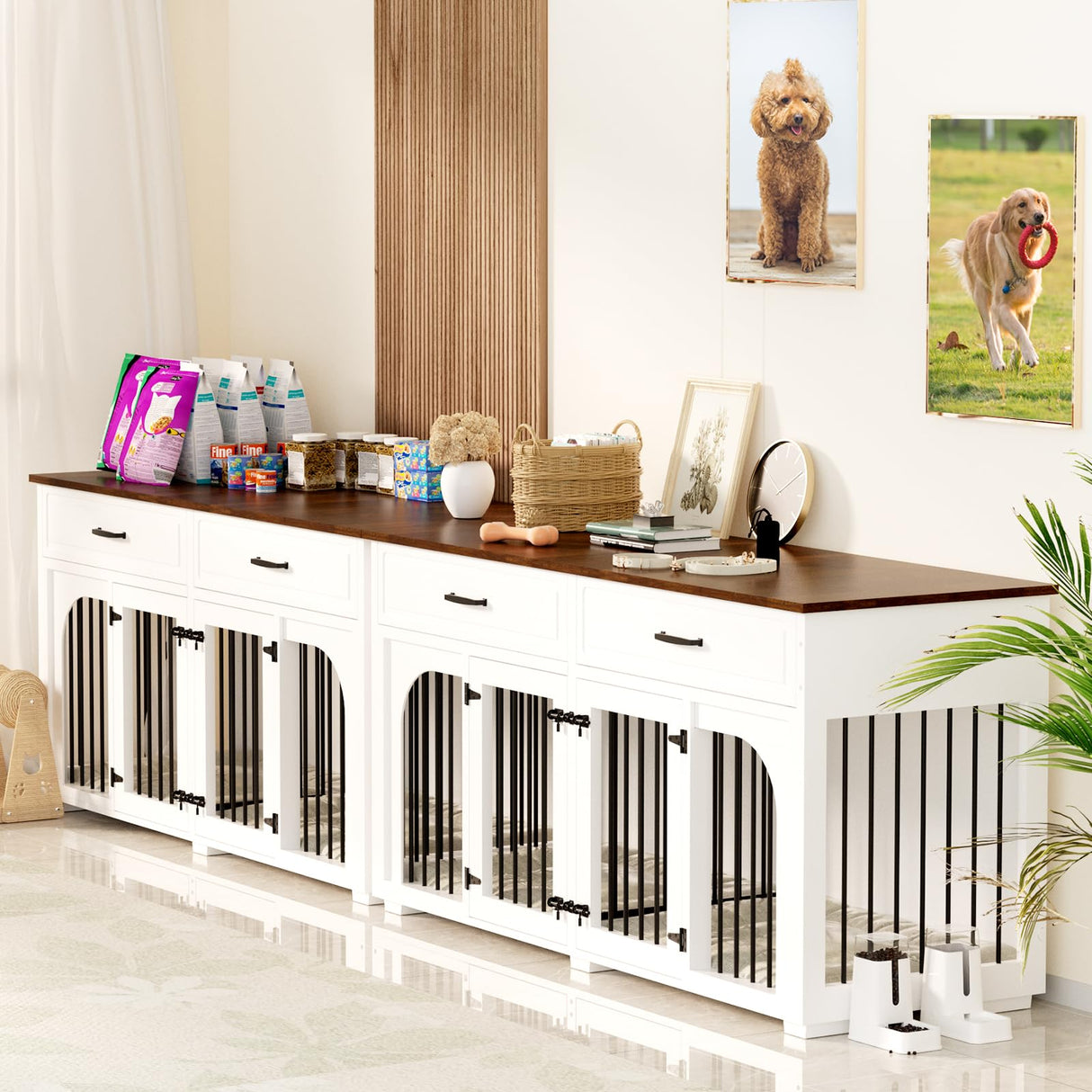EBE Dog Crate Furniture, 63''Wooden Dog Crate with 2 Drawers and Removable Divider, Dog Kennel Indoor Furniture with Double Rooms, Heavy Duty Dog Crate Table Indoor TV Stand for Small Medium Dogs EBE