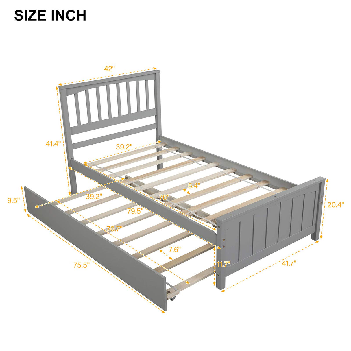 Harper & Bright Designs Twin Size Platform Bed with Trundle, Wooden Twin Bed Frame, Kids Platform Bed (Grey) Harper & Bright Designs
