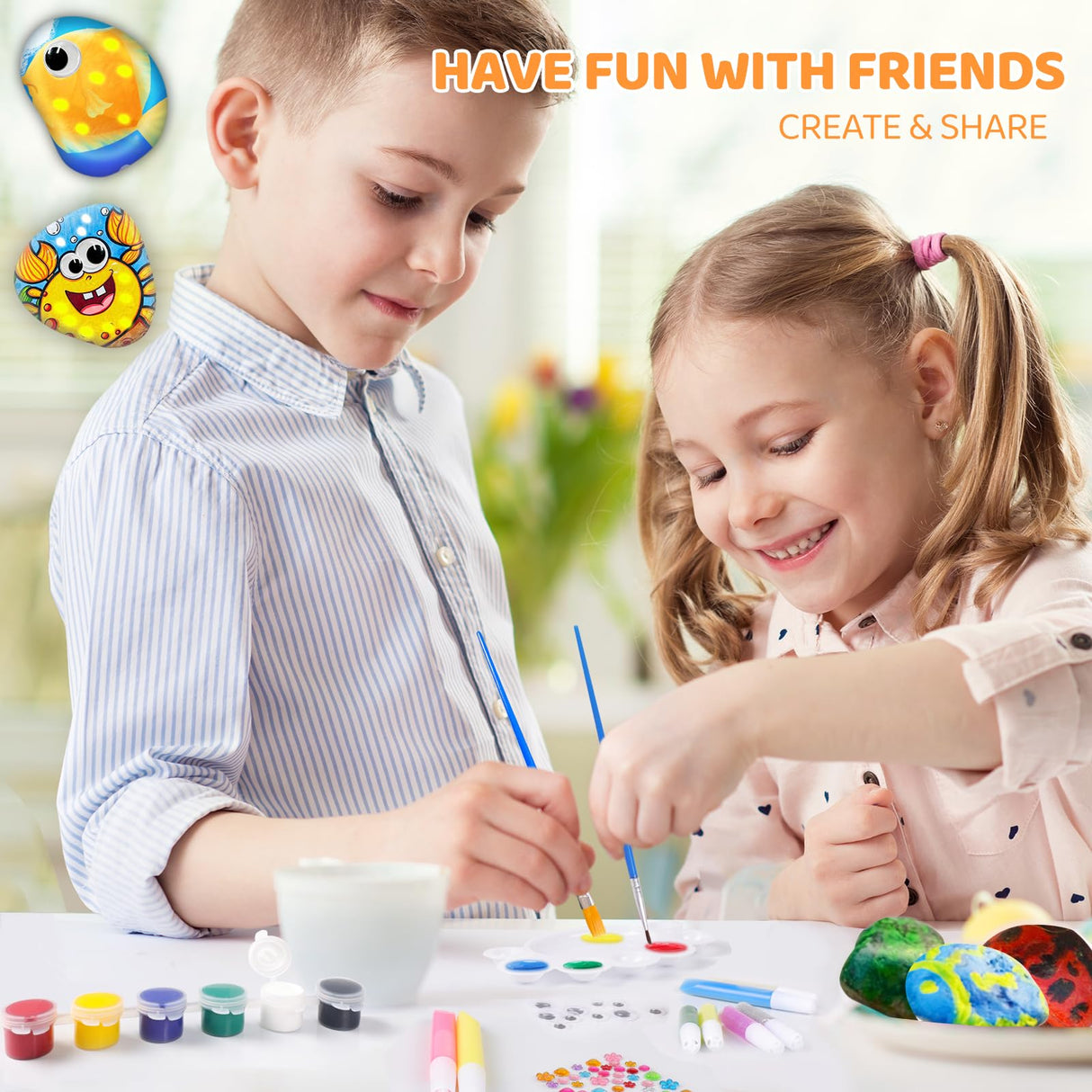 MindPal Kids Rock Painting Kit, 14 Pebbles for Painting - Glow in The Dark Rock Kit - Arts and Crafts for Kids Ages 6-12, Birthday Christmas Gift for Boys and Girls MindPal