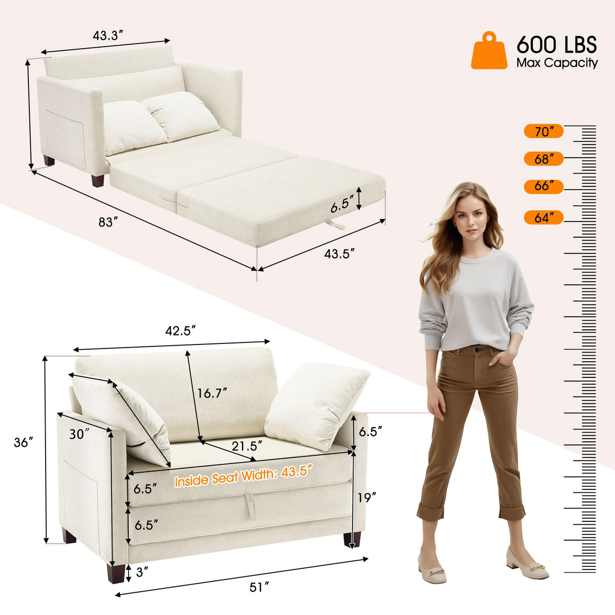 kakuboohi 51" Loveseat Sleeper Sofa Bed, Chenille Convertible Floor Sofa Bed for Small Spaces, Folding Couch Bed with Deep Seat, 2 Pillows & Solid Frame, Pull Out Floor Couch for Living Room, Beige kakuboohi