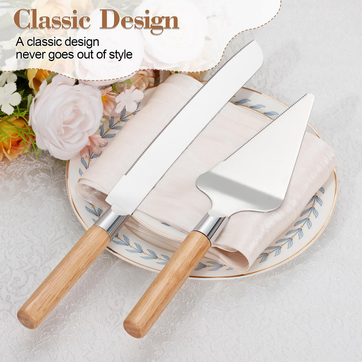 Cake Cutting Set for Wedding, Wood Cake Knife and Server Set, Vintage 2-Piece Pie Cutter Serving Set, Serrated Pizza Dessert Utensils, Bridal Anniversary Birthday Quinceañera Gift TUKDAK