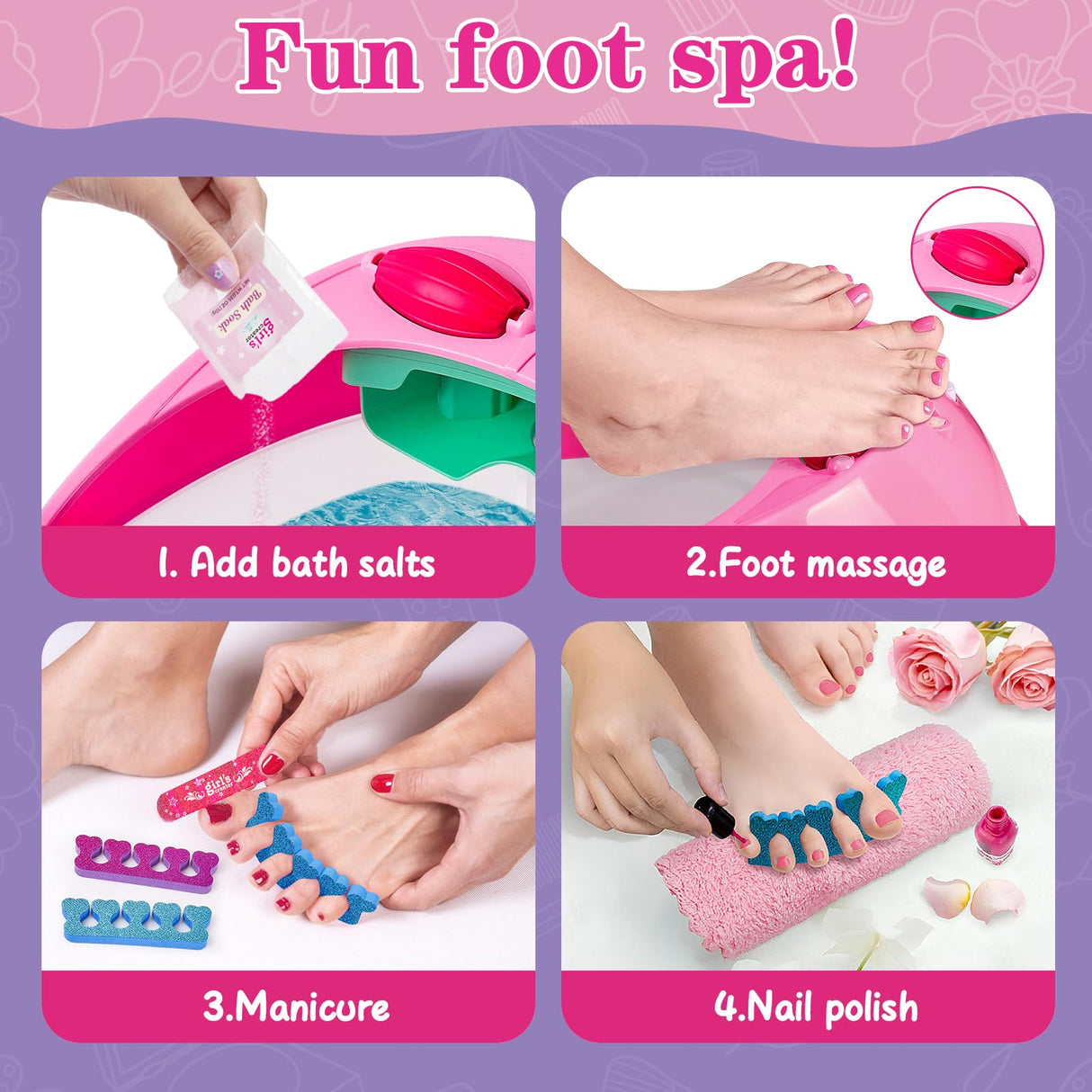 B Bascolor Kids Foot Spa & Nail Kit Set, Kids Spa Day Kit for Girls, Massage Foot Soak Tub and Nail Dryer, Manicure Pedicure Art Salon Girl Gift for 5-12, Christmas Birthday Gifts B Bascolor