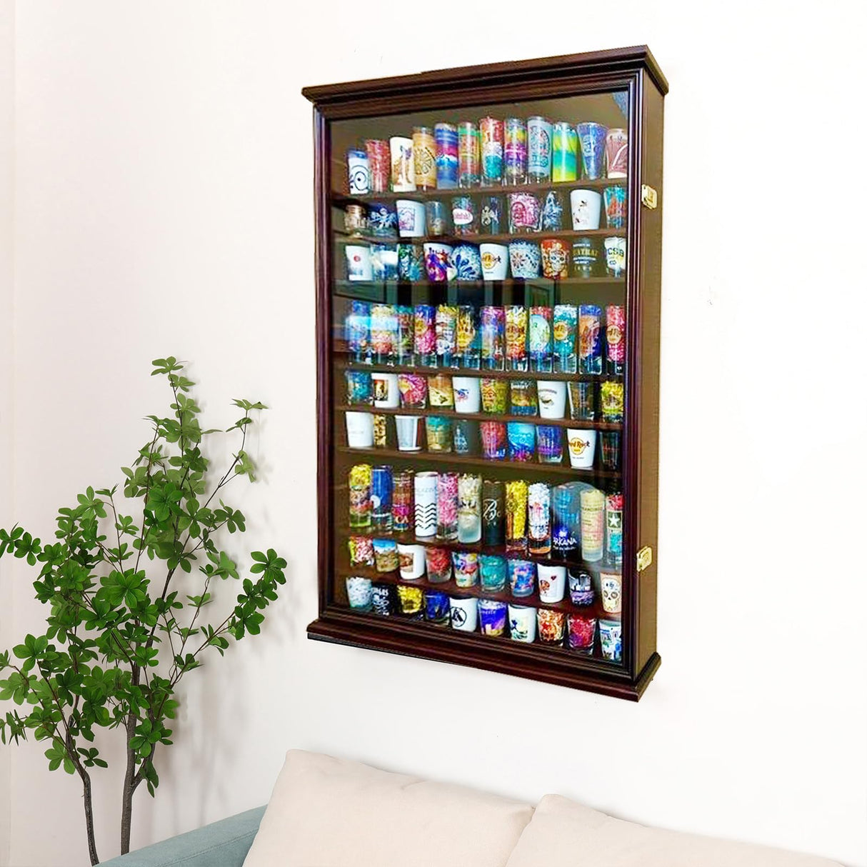 144 Shot Glass Display Case - Large Wall-Mounted Shadow Box with UV Protection, Perfect for Home Decor | Wall-Mounted Cabinet Curio Shadow Box for Action Figures Small Figurines Rack Lockable Door ARRAWIS