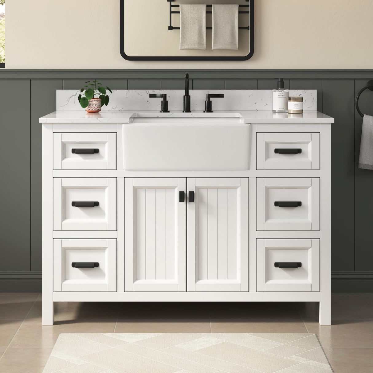 DELUXE LIVING 48 Inch Bathroom Vanity with Sink, Single Sink Bathroom Vanity, Solid Wooden Frame Bathroom Sink Cabinet with Soft Closing Doors & Drawers, Adjustable Feet, Apron Farm Sink, White DELUXE LIVING