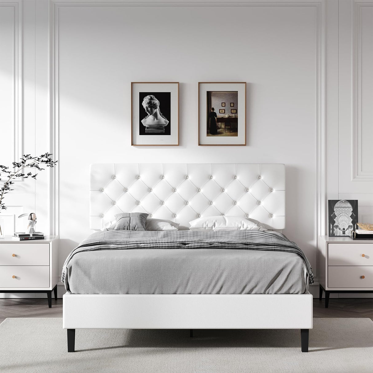 REVOMINCA Full Bed Frame with Headboard, Faux Leather Upholstered Platform Bed Frame, White Bed Frame Full Size, Wooden Slat Support, No Box Spring Needed, White REVOMINCA