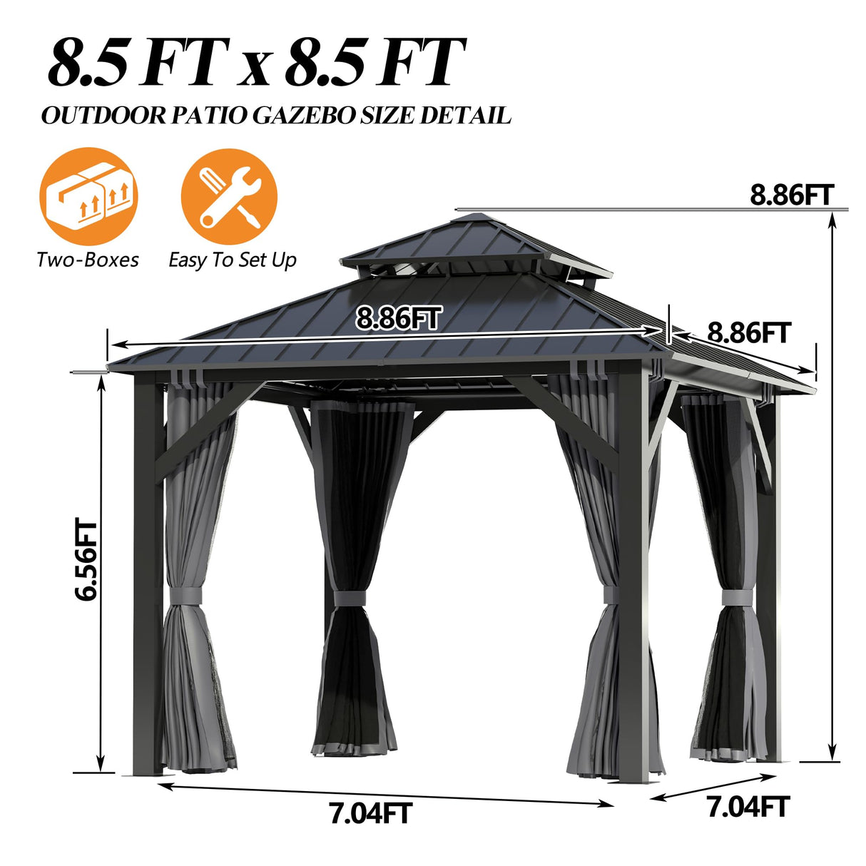 GARTOO 8.5x8.5FT Outdoor Hardtop Gazebo - Aluminum Heavy-Duty Galvanized Steel Top Gazebo with Breathable Netting & Privacy Curtain, Double Roof Gazebos for Patio, Porch, Garden, Lawn, Deck, Backyard GARTOO