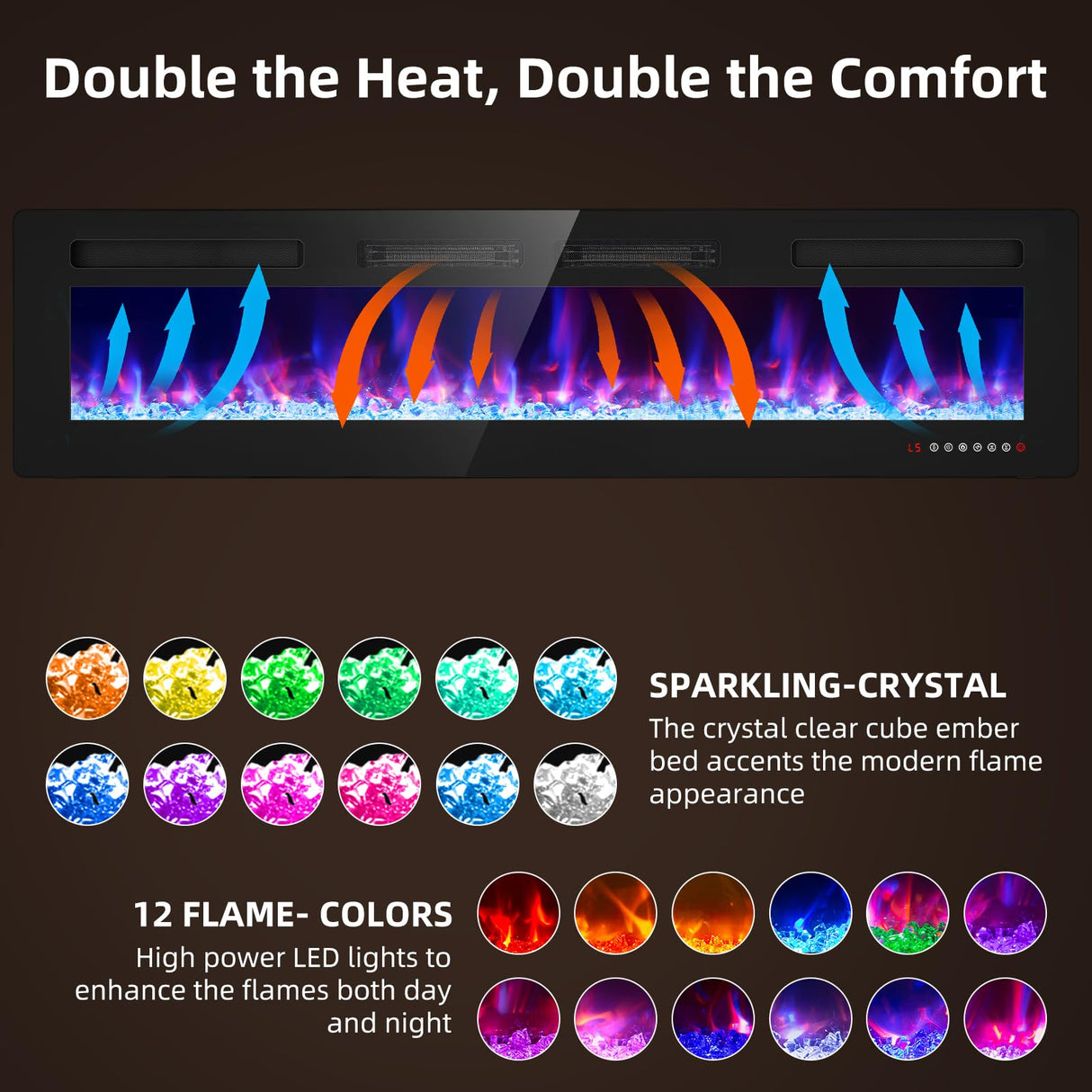 Kucreiheat 72 inch Electric Fireplace Wall Mount/Recessed/Free Standing-Ultra Thin Wall Fireplace Electric with Remote Control, Timer, 12 Flame Colors, Double Heat Vent, 750w/1500w Kucreiheat