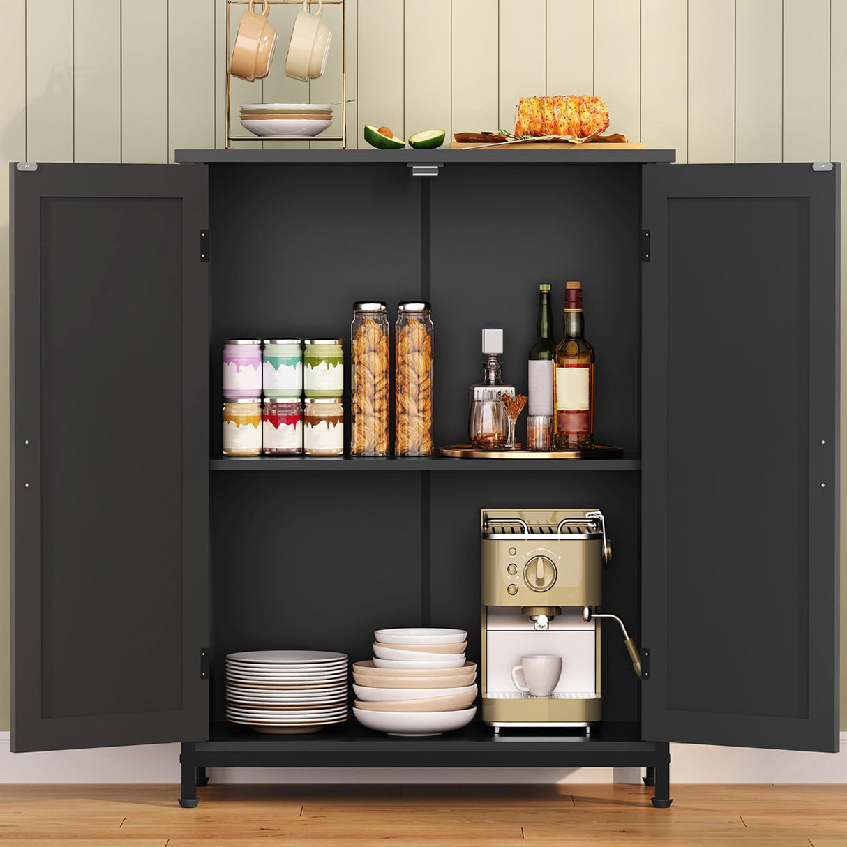 FIONESO Storage Cabinet, Small Cabinet with Barn Doors, Farmhouse Cabinet with Shelf, Black Cabinet for Living Room, Dining Room, Entryway, Black FIONESO