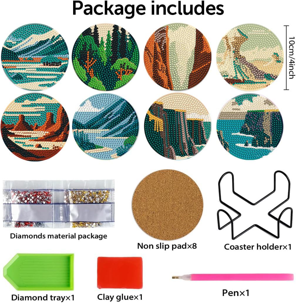 DOTZSO 8 Pcs Diamond Art Coasters Kit with Holder Diamond Art Kits for Adults Beginners Small Diamond Painting Coasters Arts and Crafts for Adults Supplies Item Sets (Landscape) DOTZSO