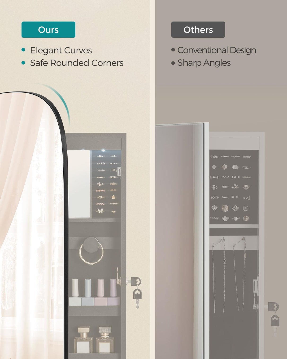 SONGMICS Jewelry Organizer, LED Jewelry Cabinet Wall or Door Mounted, Lockable Rounded Wide Mirror with Storage, Interior Mirror, 3.9 x 16.5 x 42.5 Inches, Black Surface with Black Lining SONGMICS