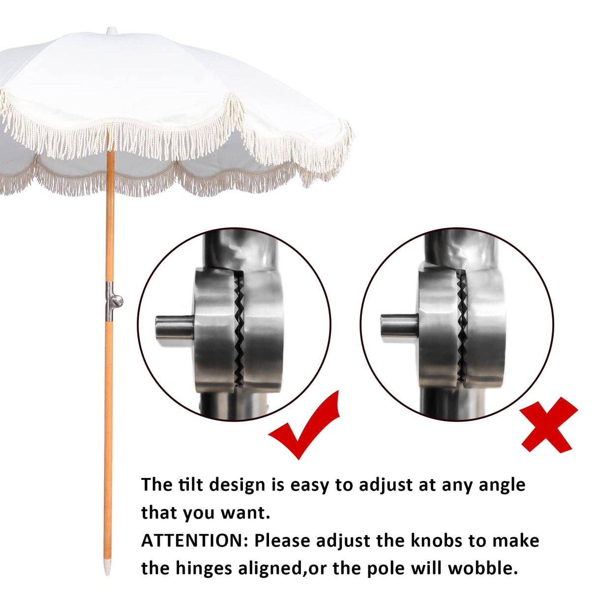 Funsite 6.5ft Boho Beach Umbrella with Fringe, UPF 50+ Tassel Umbrellas with Carry Bag, Premium Wood Pole Foldable Patio Umbrella for Outdoor Holiday Garden Lawn Pool Yard Table, White Funsite