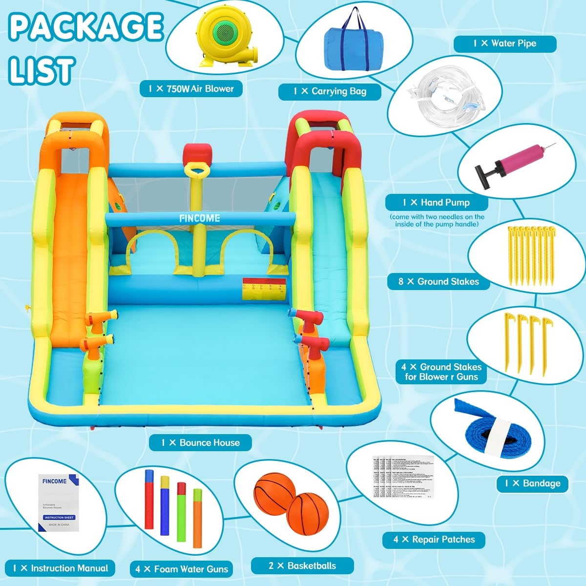 Inflatable Bounce House for Kids, Water Bounce House with Double Slides Indoor Outdoor, Bounce House Water Slide with Air Blower for Park Backyard Party Birthday (with 750W Blower) FINCOME