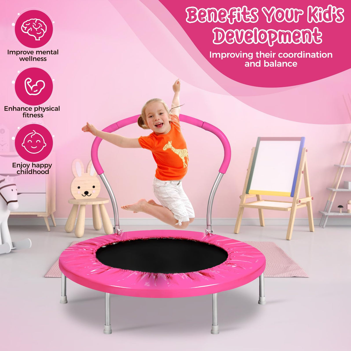 Lyromix 36 Inch Mini Trampoline for Kids, Indoor Toddler Rebounder Trampoline with Handle, Pink Lyromix
