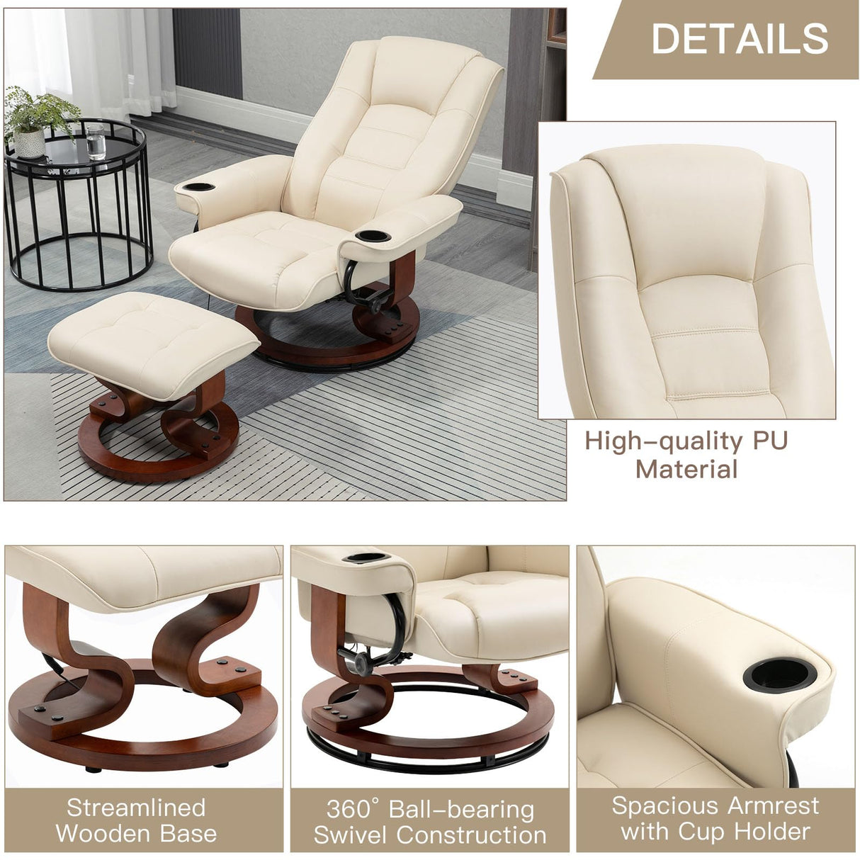 AVAWING Reclining Chair with Vibration Massage Faux Leather Recliner with Ottoman Swivel Wood Recliner Chairs for Living Room, Beige AVAWING