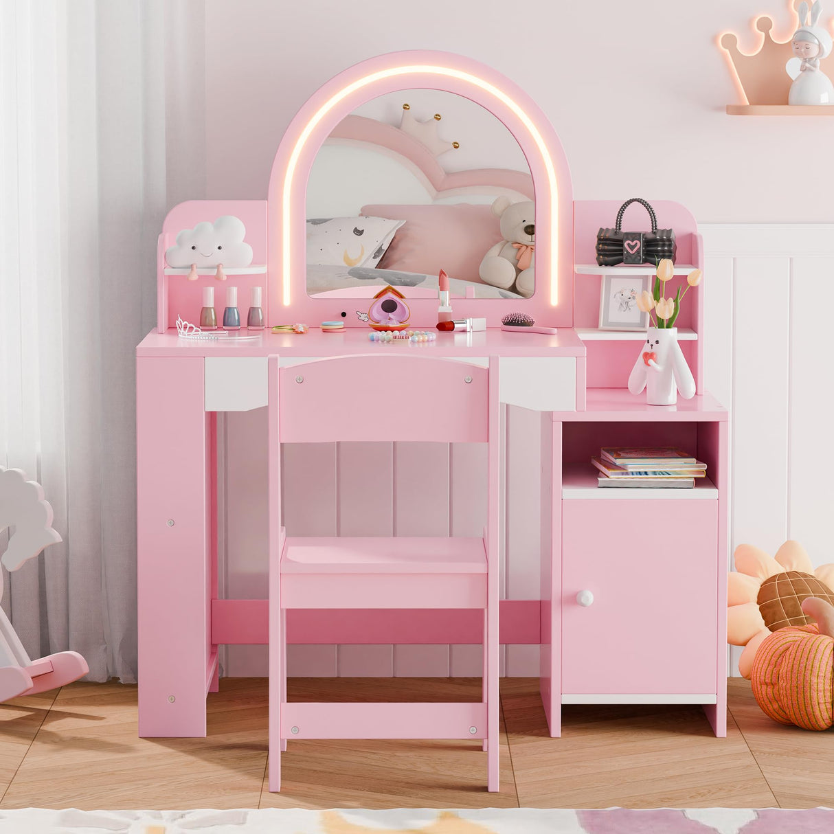 MU Kids Vanity with Lights, Princess Makeup Vanity Desk with Open Bookshelf, Storage Cabinet & Shelves, 2 in 1 Toddler Vanity Table & Chair Set with Lighted Mirror for Little Girls, Pink MU