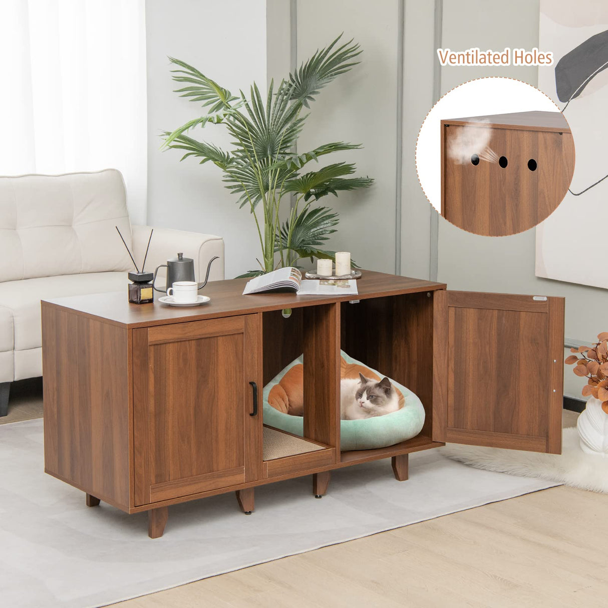 PETSITE Cat Litter Box Enclosure Furniture for 2 Cats, Large Litter Box Cabinet with Scratching Board, and Adjustable Foot Pads, Indoor Cat House TV Stand Side Table, Double Hidden Litter Box PETSITE