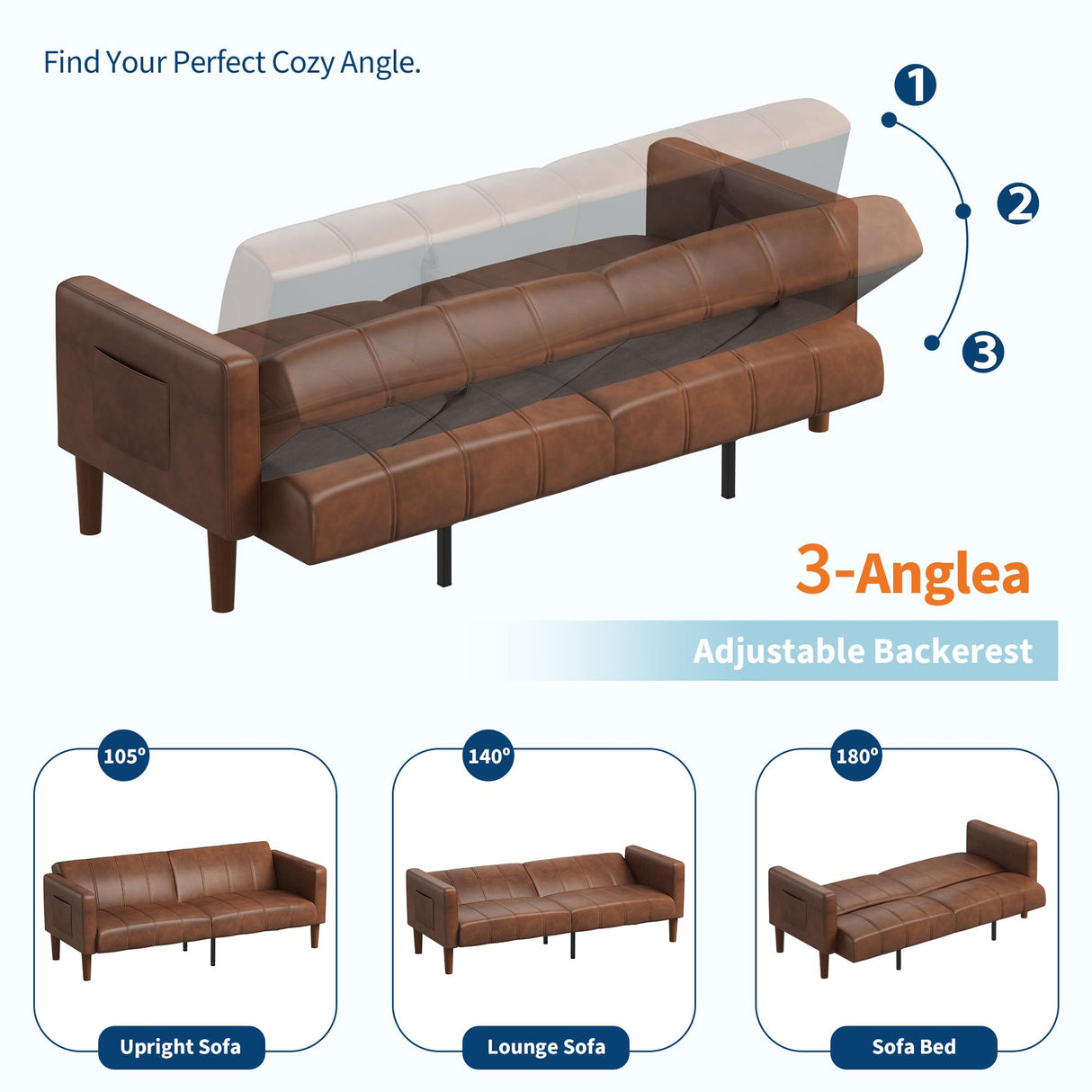 GarveeHome 75 in Futon Sofa Bed, Convertible Sleeper, Faux Leather Small Couch, Loveseat, Mid-Century Modern Couch for Living Room, Bedroom, Brown GarveeHome