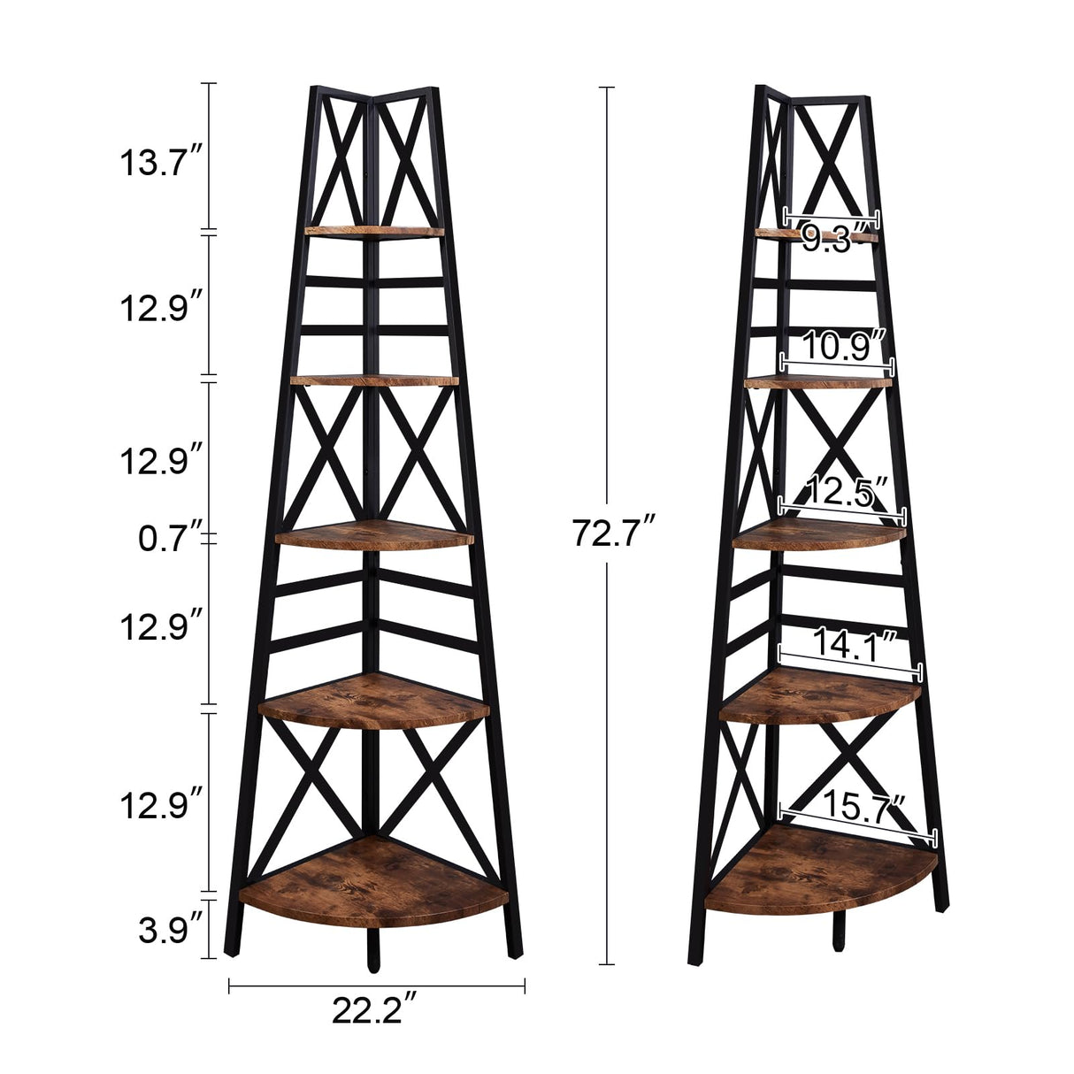 HOMBAZAAR 72-Inch Rustic Brown 5-Tier Corner Bookshelf with Metal Frame HOMBAZAAR