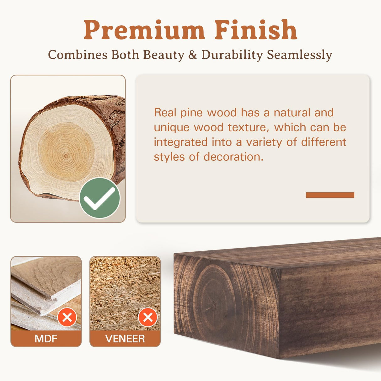 60 Inch Floating Shelf, Handcrafted Wood Mantles for Over Fireplace, Floating Mantel Shelf with Invisible Heavy Duty Metal Bracket for Wall Decor, 60 Inch Fireplace Mantel, Brown Weyderk