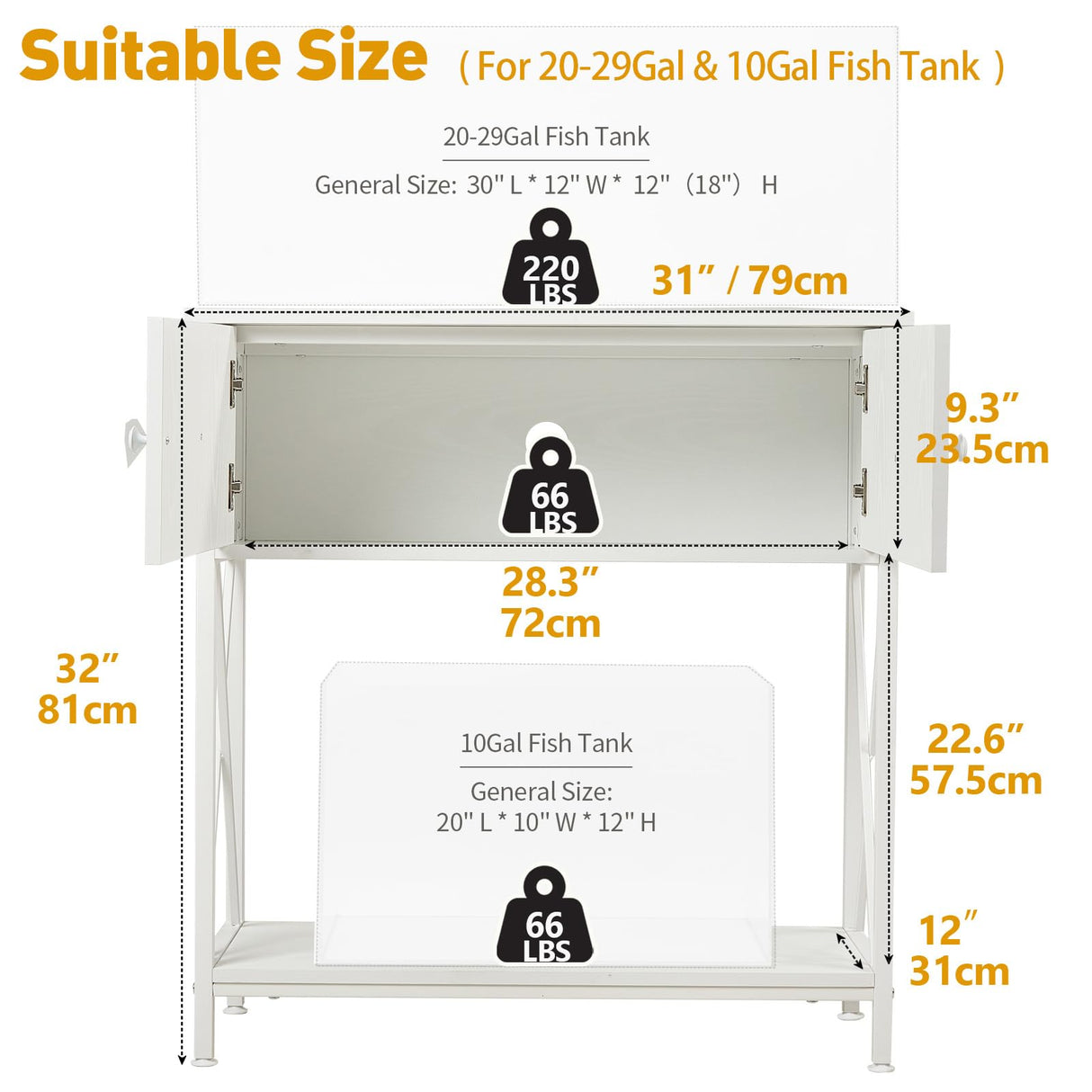 LAQUAL 20-29 Gallon Aquarium Stand with Cabinet, 20 Gallon Long Fish Tank Stand with 31''L * 12''W Tabletop, Double Heavy Metal Stand with Stable Structure, Adjustable Table Feet - White LAQUAL
