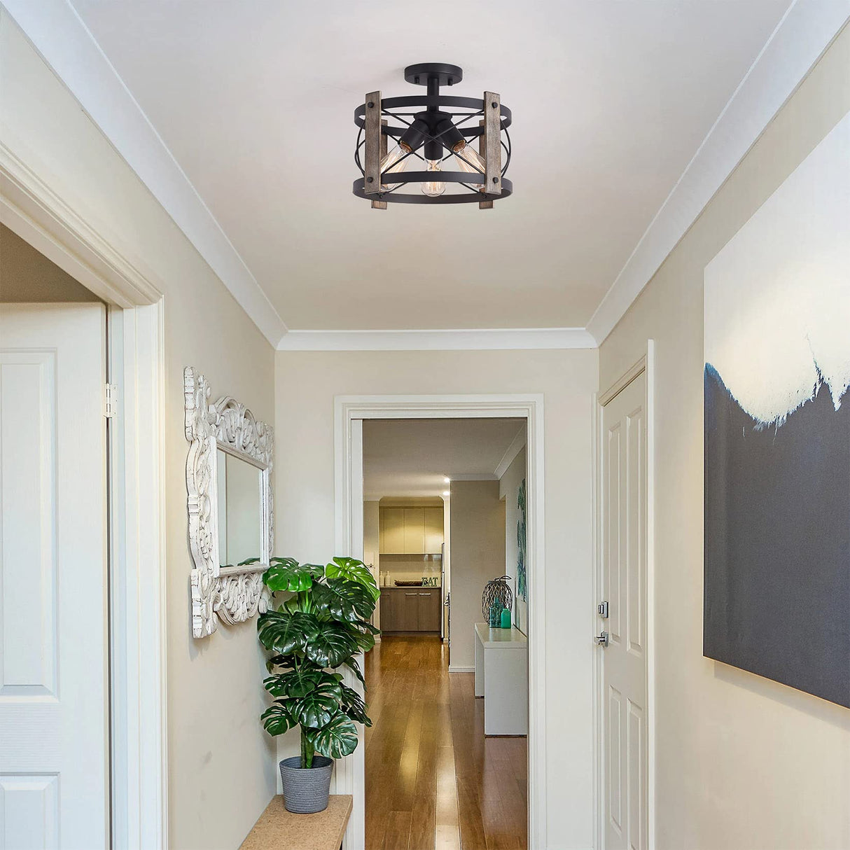 Bargeni Flush Mount Light Fixture,13-inch Rustic Ceiling Light Fixture,Matte Black Finish,3-Light Farmhouse Light Fixtures for Living Room,Kitchen,Bedroom,Dining Room,Foyer,Hallway Bargeni