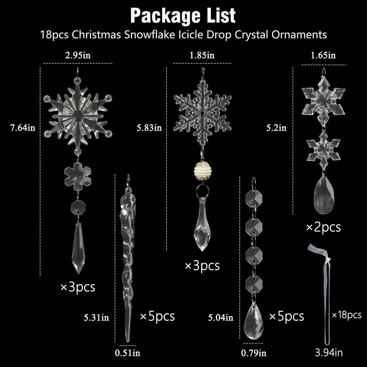 18pcs Christmas Tree Decoration Crystal Ornaments - Hanging Acrylic Christmas Snowflake Icicle Drop Crystal Ornaments for Xmas Tree Winter New Year Party Supplies OuMuaMua