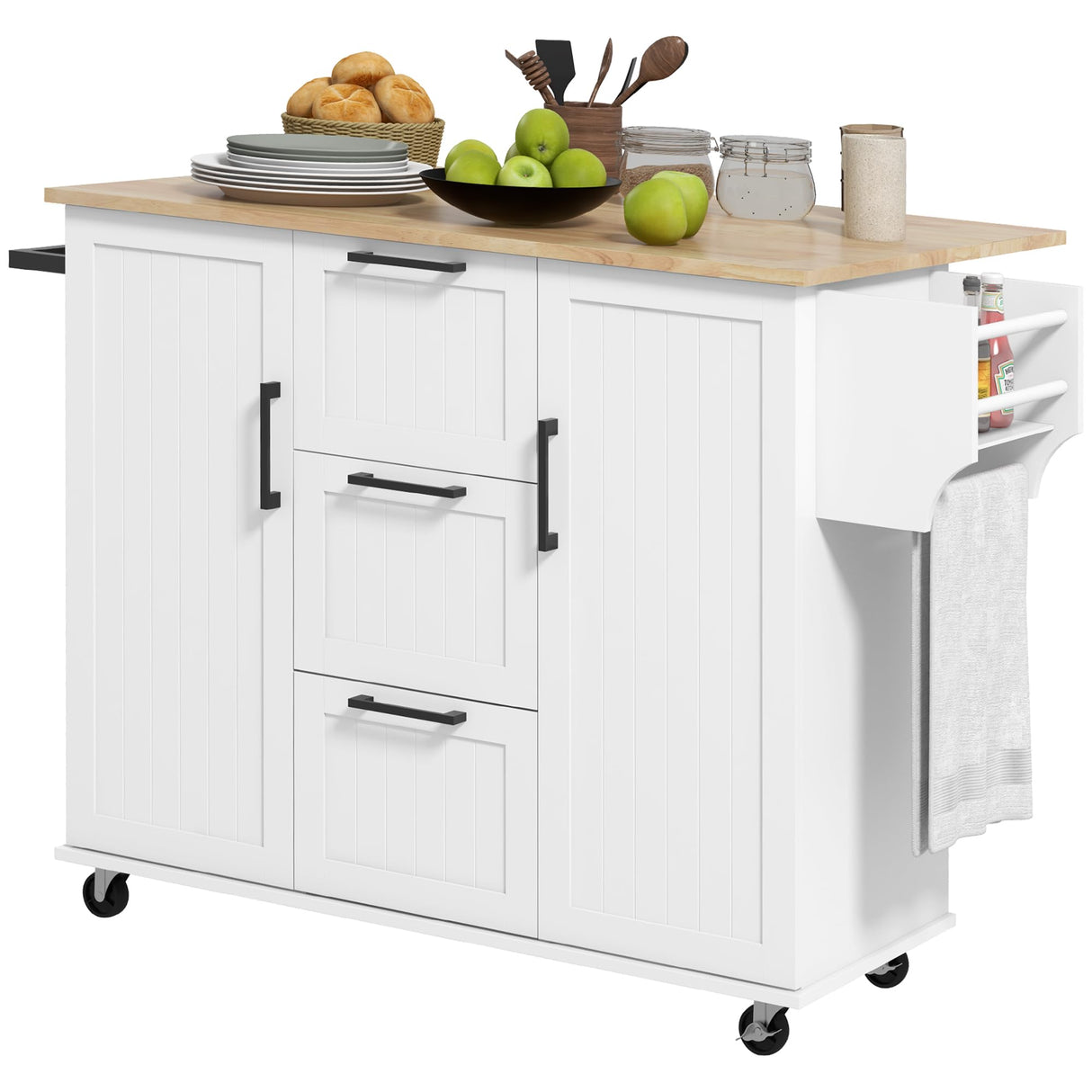 HOMCOM Kitchen Island with Storage, Rolling Kitchen Cart on Wheels with Drop Leaf Top, 3 Drawers, 2 Cabinets, 2 Adjustable Shelves, Spice Rack and Towel Rack, White HOMCOM