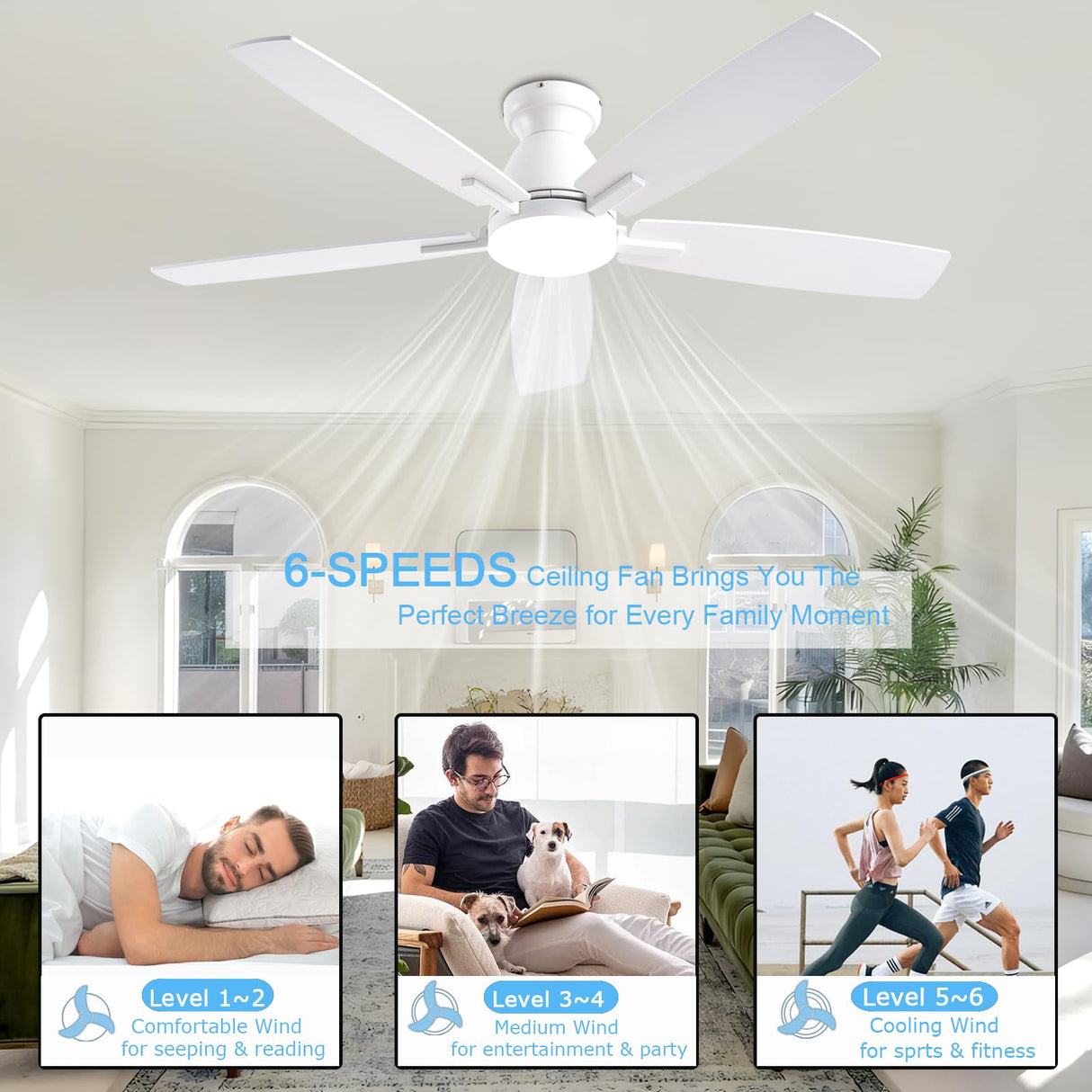 NKPU 52 Inch White Modern Ceiling Fans with Lights, Low Profile Ceiling Fan and Remote Control, DC Reversible Motor, Dimmable LED Ceiling Fans for Bedroom,Indoor/Outdoor Patio Use NKPU