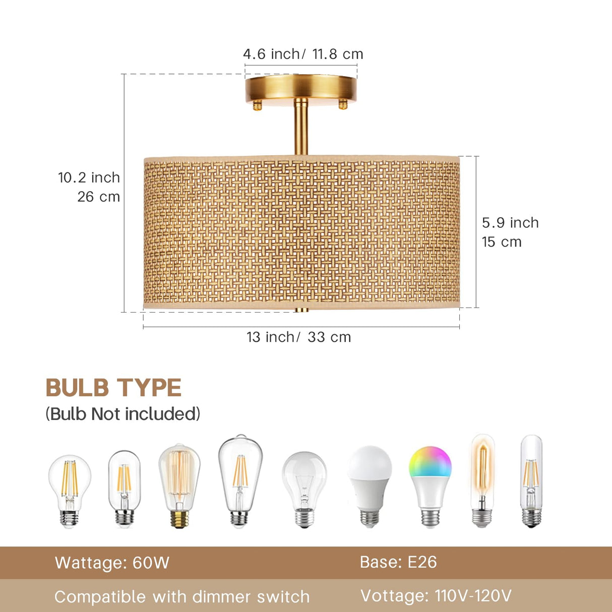 CLARSYNE 13" Woven Rattan Boho Ceiling Light Fixture, 3-Light Modern Semi Flush Mount Lamp with Drum Fabric Shade, Rustic Brown Lighting for Bedroom, Dining Room, Living Room, Hallway, Entryway CLARSYNE
