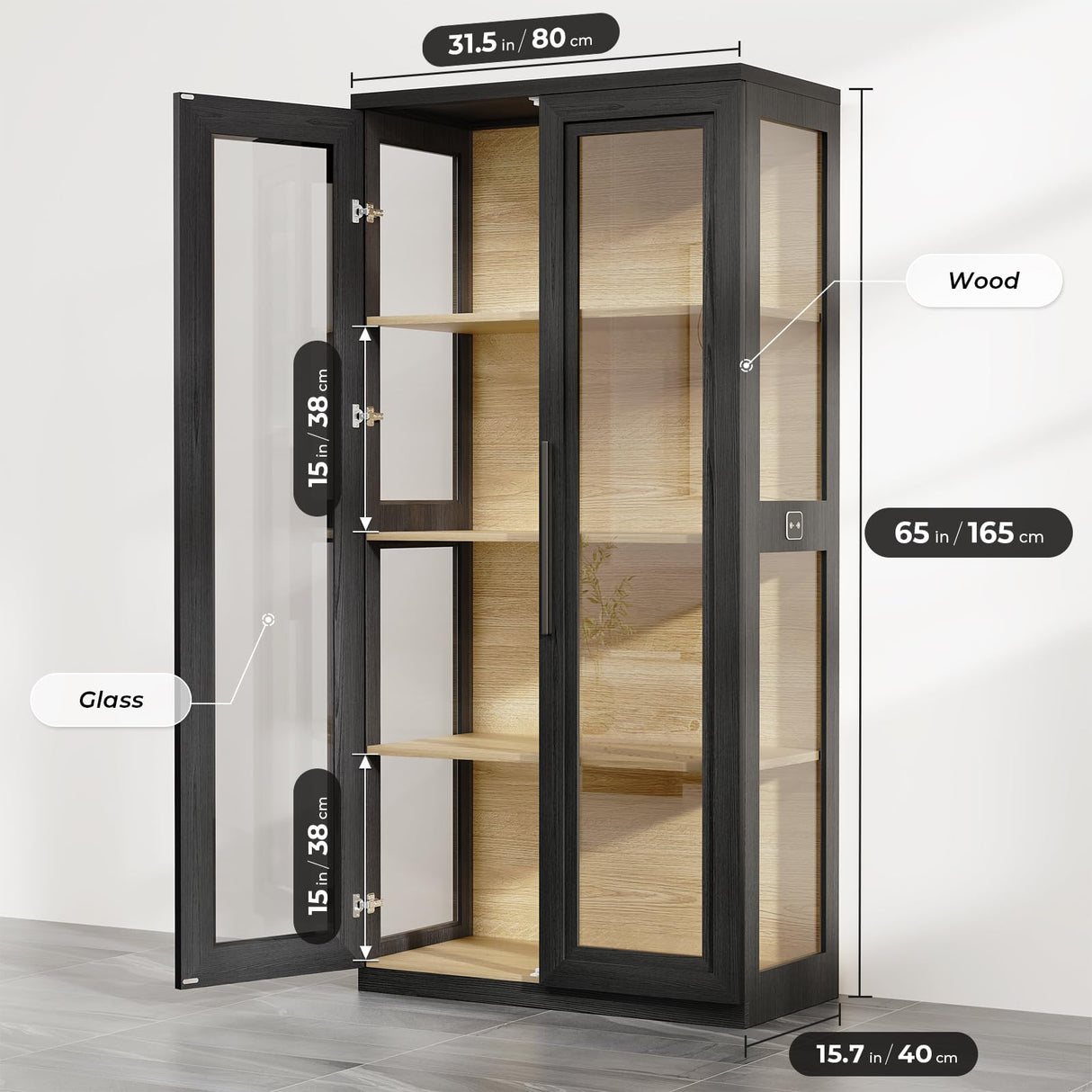 BROTTAR Display Cabinet with Glass Doors, Curio Cabinet with 4 Shelves for Collectibles, Bookcase with 3 Color LED Lights and Human Body Sensing, Glass Storage Cabinet with Buffer Hinge, Black BROTTAR