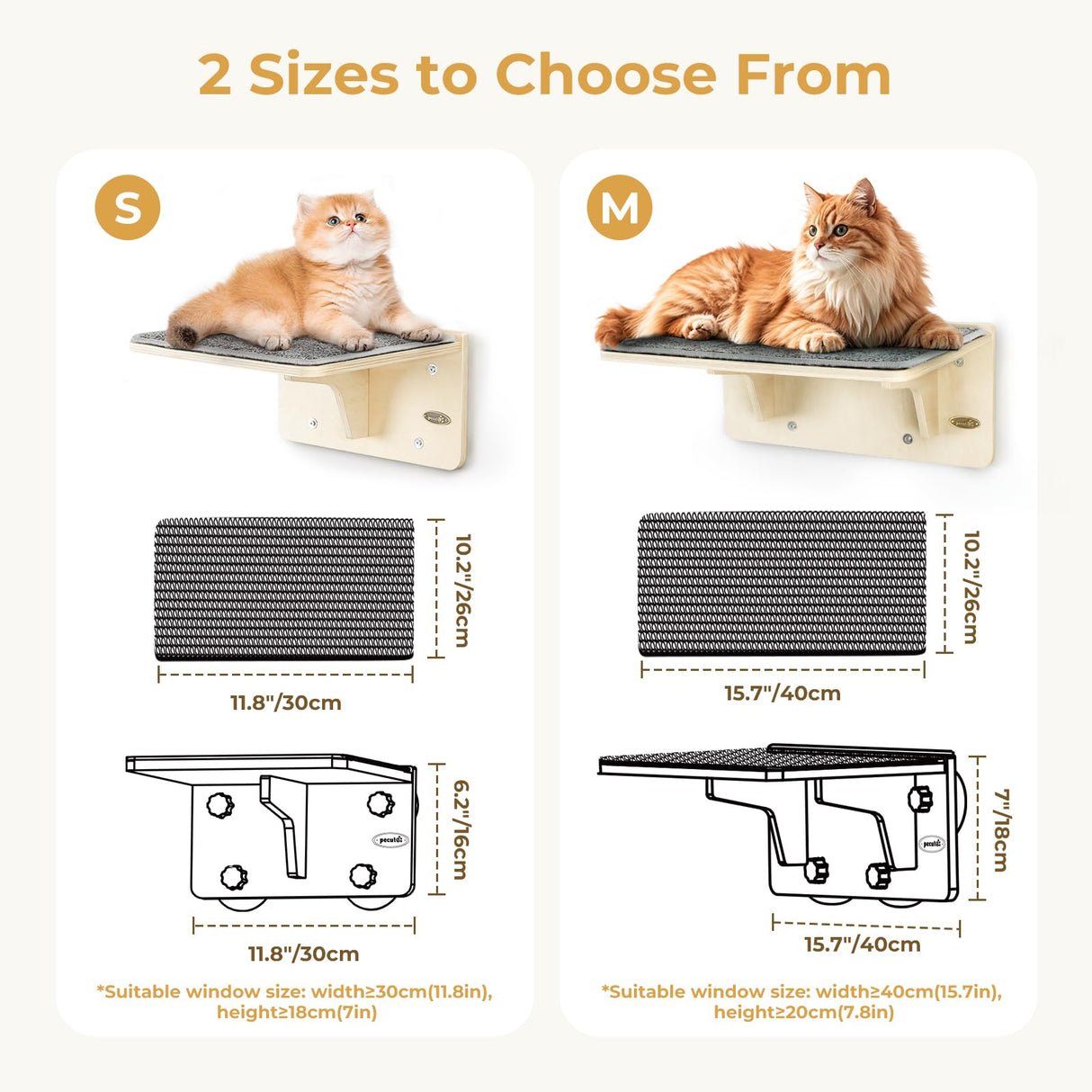 Pecute 2-in-1 Cat Window Perch & Wall Shelves - Sturdy Solid Wood Frame, 4 Large Rotating Suction Cups, Washable Carpet Cloth Cover, Space-Saving Indoor Cat Hammock Bed for Large Cats & Kittens Pecute