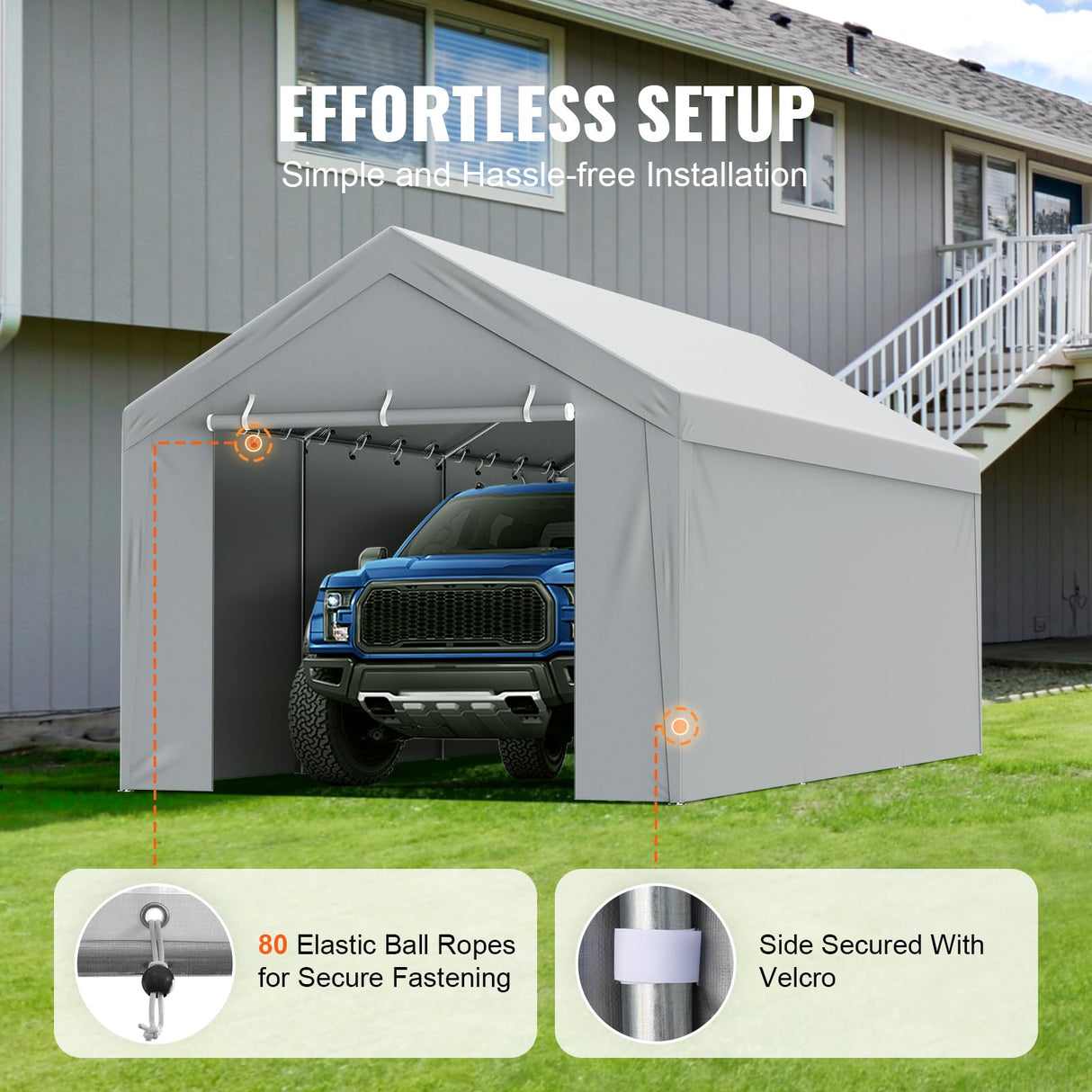 VEVOR Carport Replacement Canopy Cover Top + Side Wall 10 x 20 ft, Garage Tent Shelter Tarp Heavy-Duty Waterproof & UV Protected, Easy Installation with Ball Bungees,Grey (Frame Not Included) VEVOR