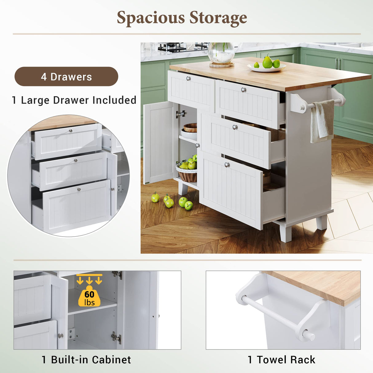 Merax Kitchen Island Set with 2 Stools, Solid Wood Dining Table with Drop Leaf Design, Storage Cabinet, Drawers and Towel Rack, 50.3" x 29.5", White Merax