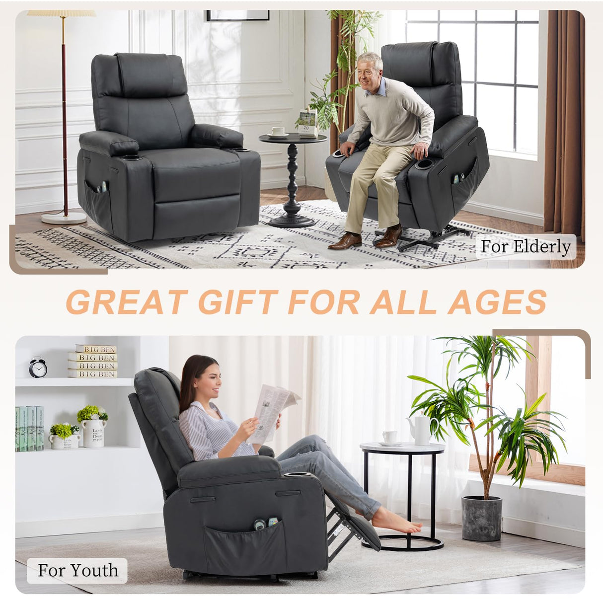 Power Lift Recliner Chair for Elderly, Electric Stand Assist Reclining Chair with Massage and Heat Function, Leather Living Room Furniture, Comfy Single Sofa with Cup Holders, Side Pockets, Black BRTHORY