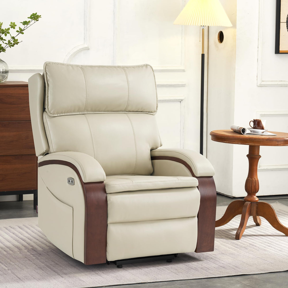 MCombo Power Lift Recliner Chair Sofa with Massage and Heat, Adjustable Headrest for Elderly People, Solid Wood Armrest, USB Ports, Side Pockets, Faux Leather 7917 (Cream White, Medium) MCombo